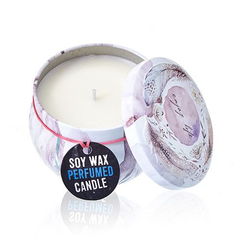 Vela artística de hojalata en lata decorativa impresa con etiqueta, 120 g, aroma a peonía - quema limpia y ecológica