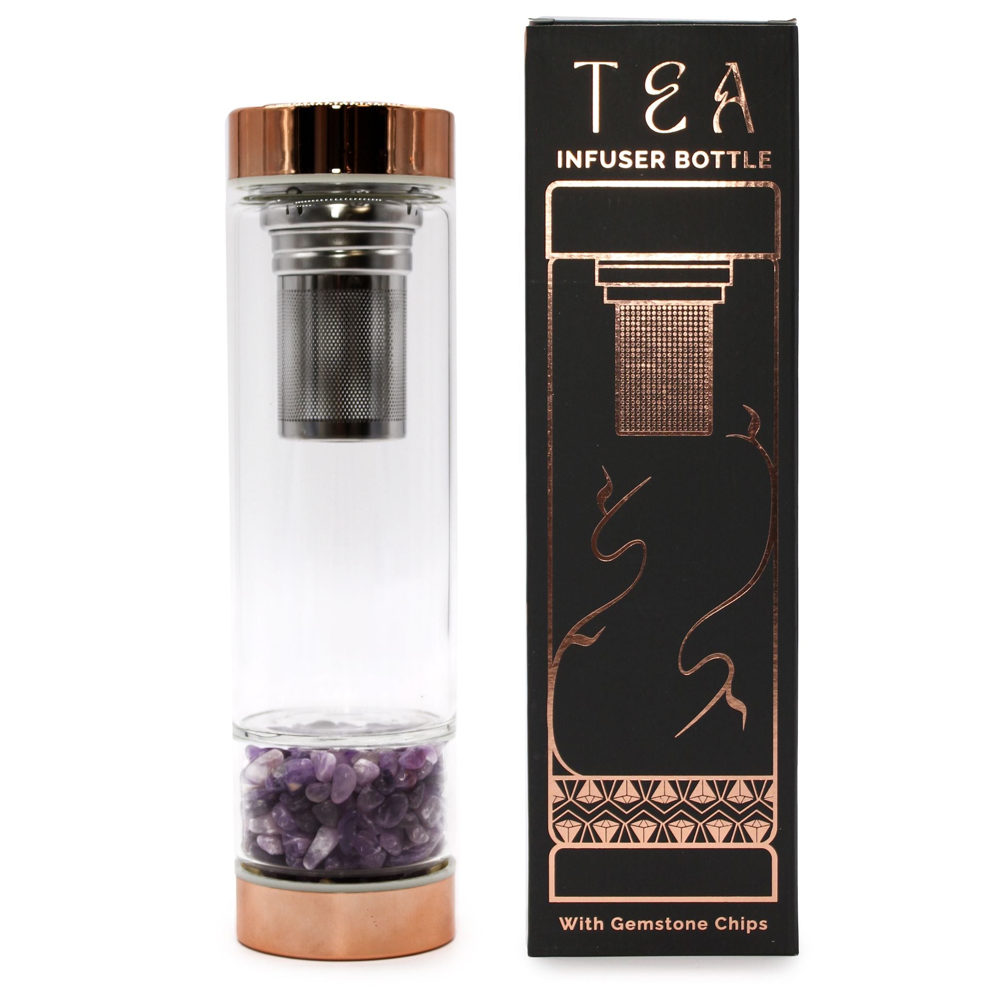 Botella de cristal para té: acabado oro rosa y amatista; cuerpo translúcido y tapa dorada; favorece calma al infusionar.