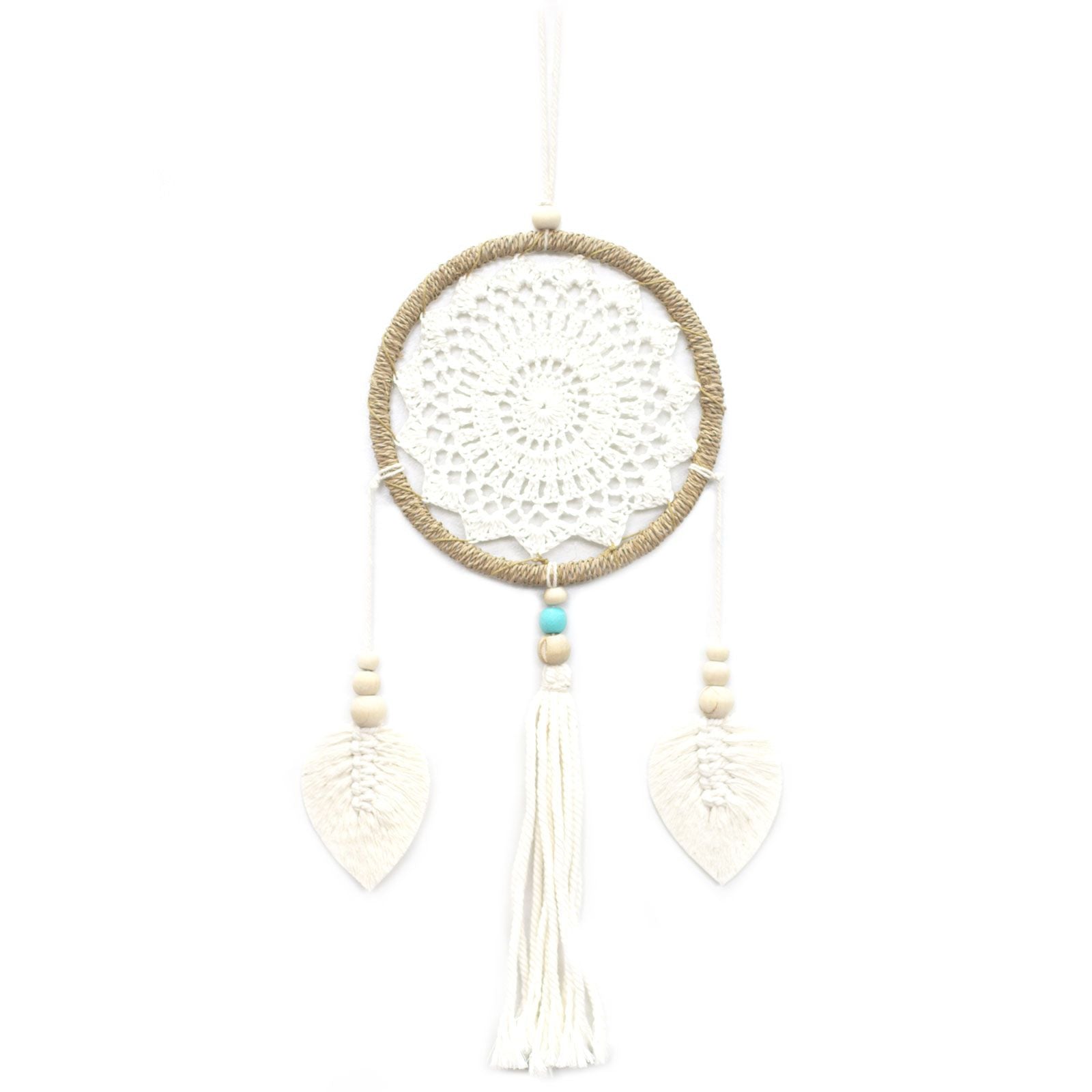Atrapasueños Mediano: aro de cuerda natural, tejido blanco y cuentas de madera; Boho rústico para dormitorio - aporta calma.