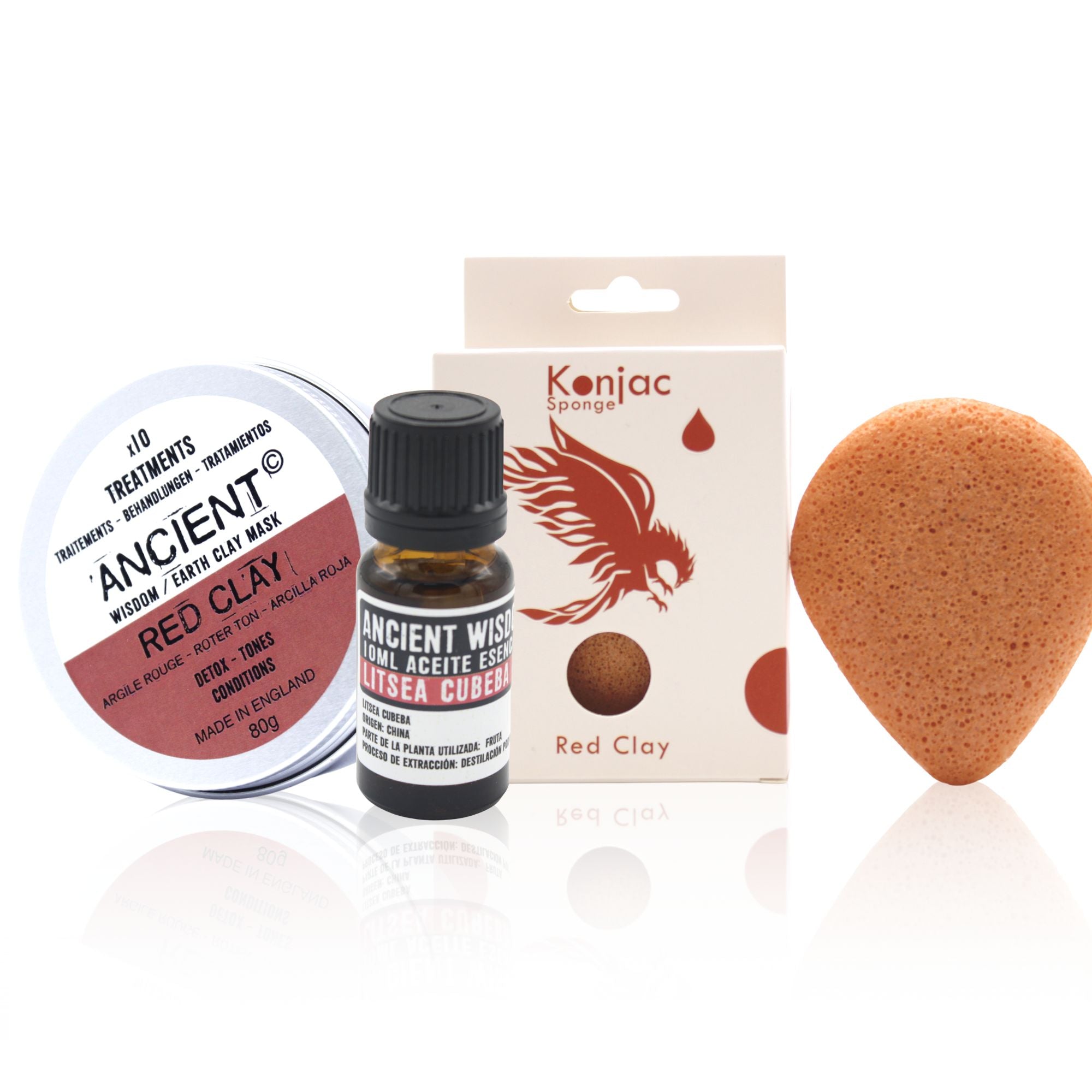 Arcilla Roja 3 en 1: mascarilla 80 g, esponja Konjac y aceite Litsea Cubeba 10 ml - detox y energía para la piel.