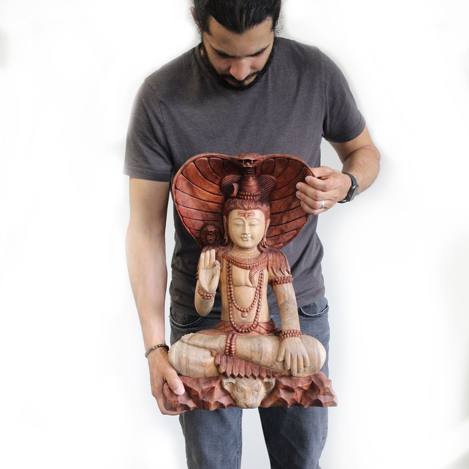 Shiva con Cobra: estatua de madera de 50 cm, cobra en cuello, acabado natural. - favorece un ambiente sereno y equilibrado.