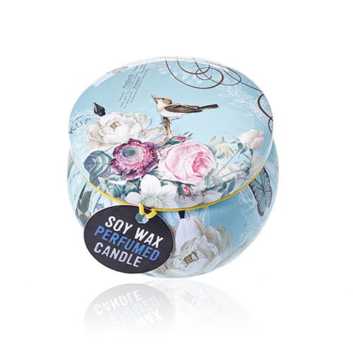 Vela artística de hojalata en lata decorativa impresa con etiqueta, 120 g, aroma a peonía - quema limpia y ecológica