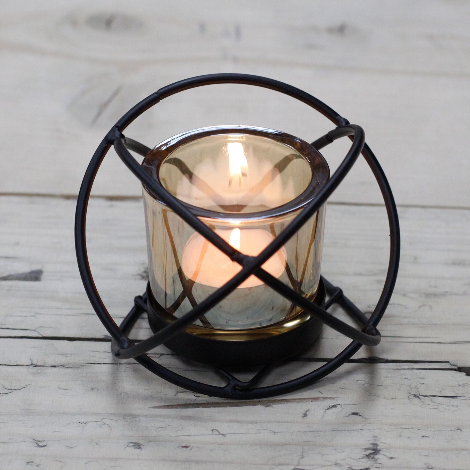 Candelabro de Hierro - bola: esfera forjada rodea un vaso de cristal, 10×8,5 cm - crea ambiente cálido y protegido