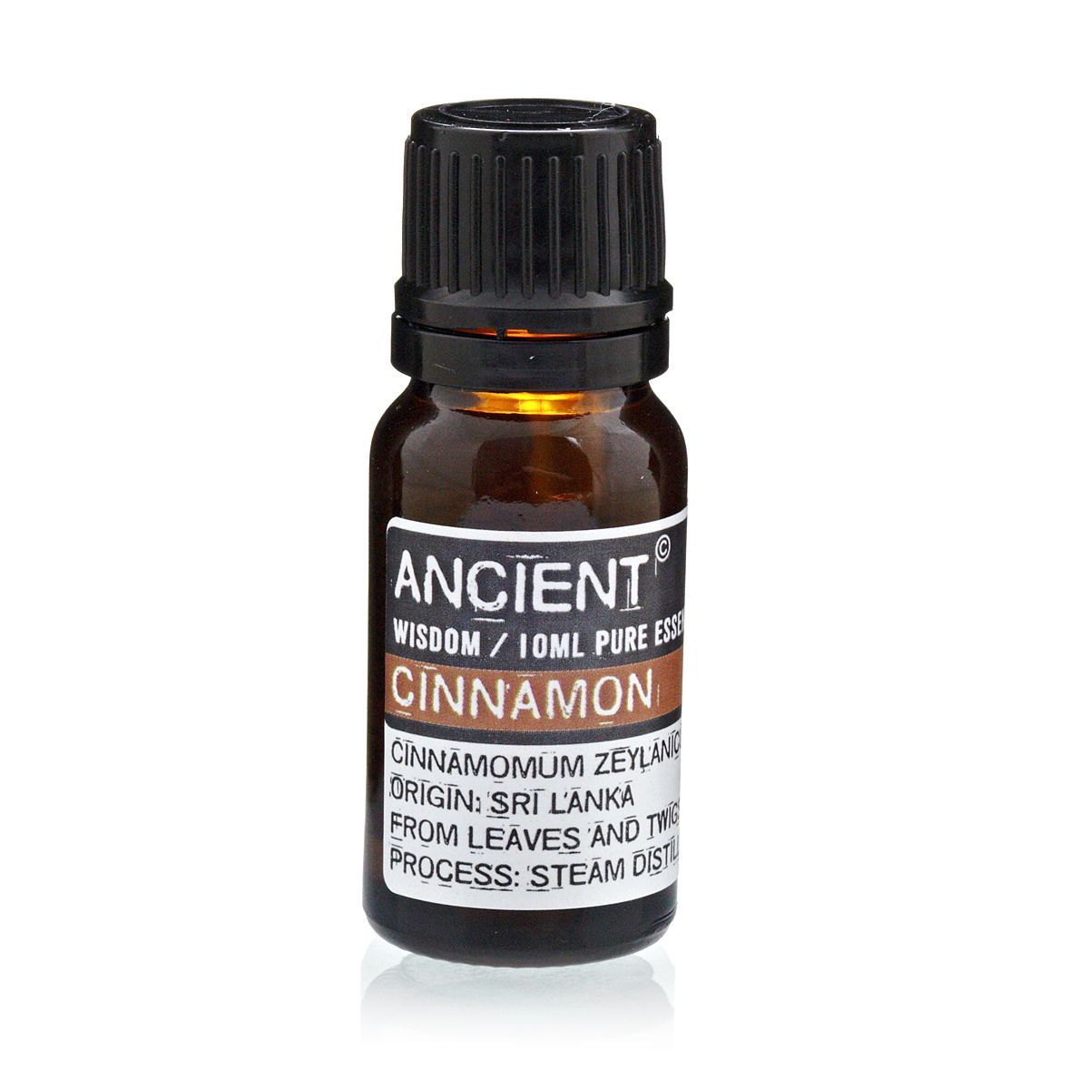 Aceite esencial de canela en botella de vidrio ámbar 10 ml con etiqueta, aroma cálido – favorece relajación y aromaterapia