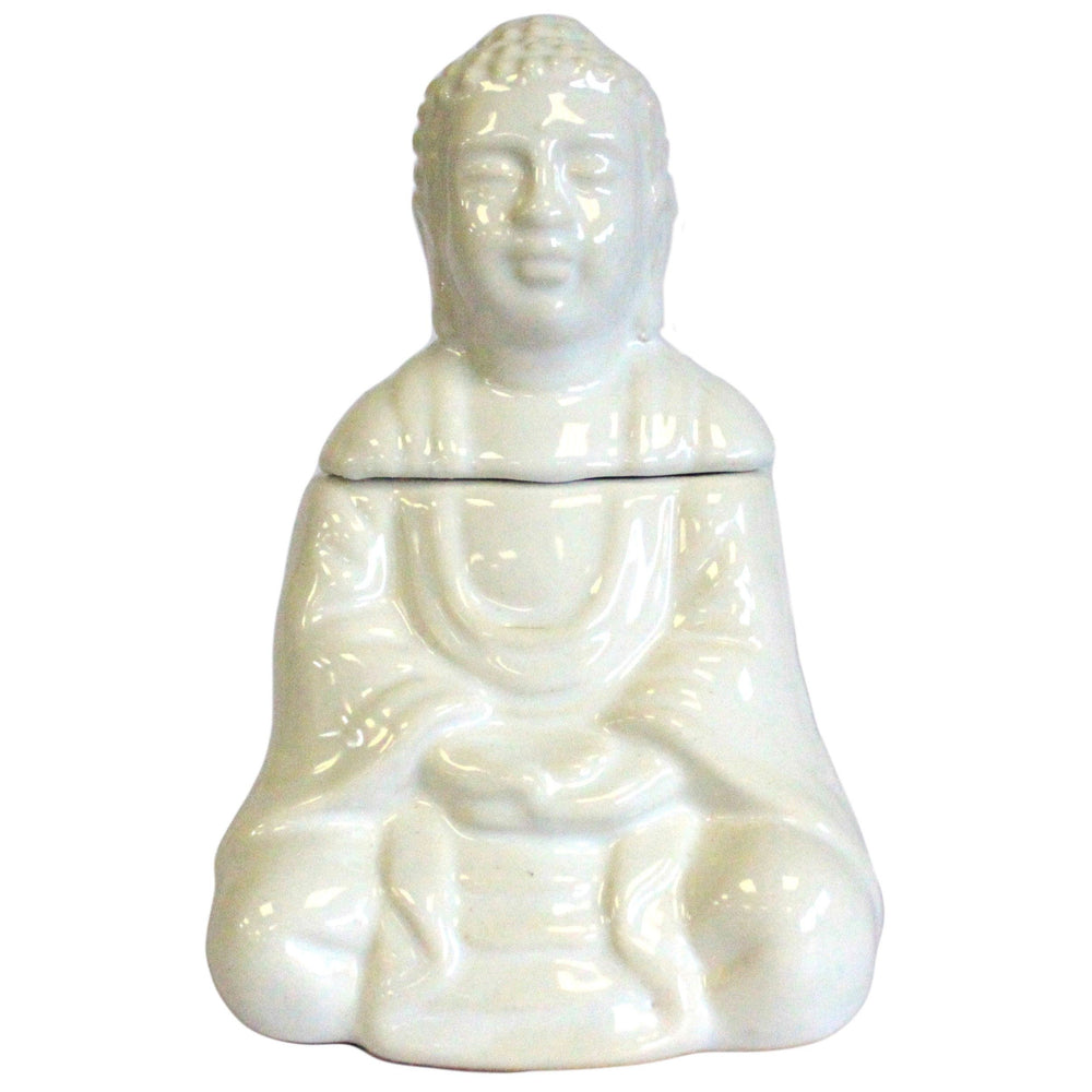 Quemador aceite Buda sentado - Blanco, cerámica en forma de Buda con tazón para fragancias - crea atmósfera serena.