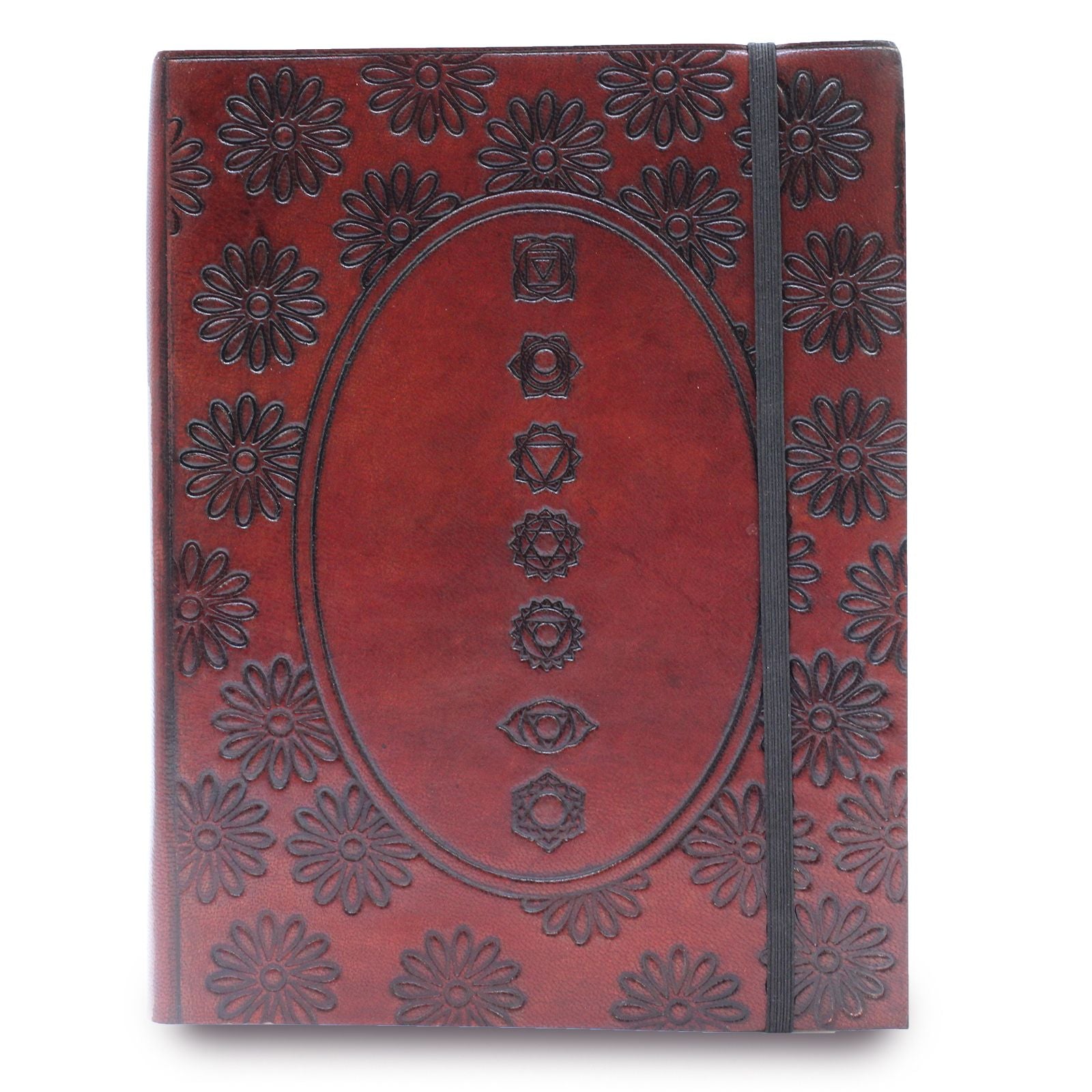 Cuaderno mediano con elástico, cubierta en cuero vegetal y diseño Chakra Mandala - armonía y enfoque.
