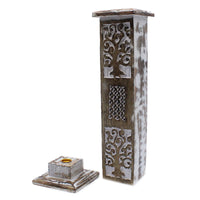Porta incienso torre de humo en madera tallada con acabado blanco envejecido, recoge ceniza y difunde aroma - ambiente zen