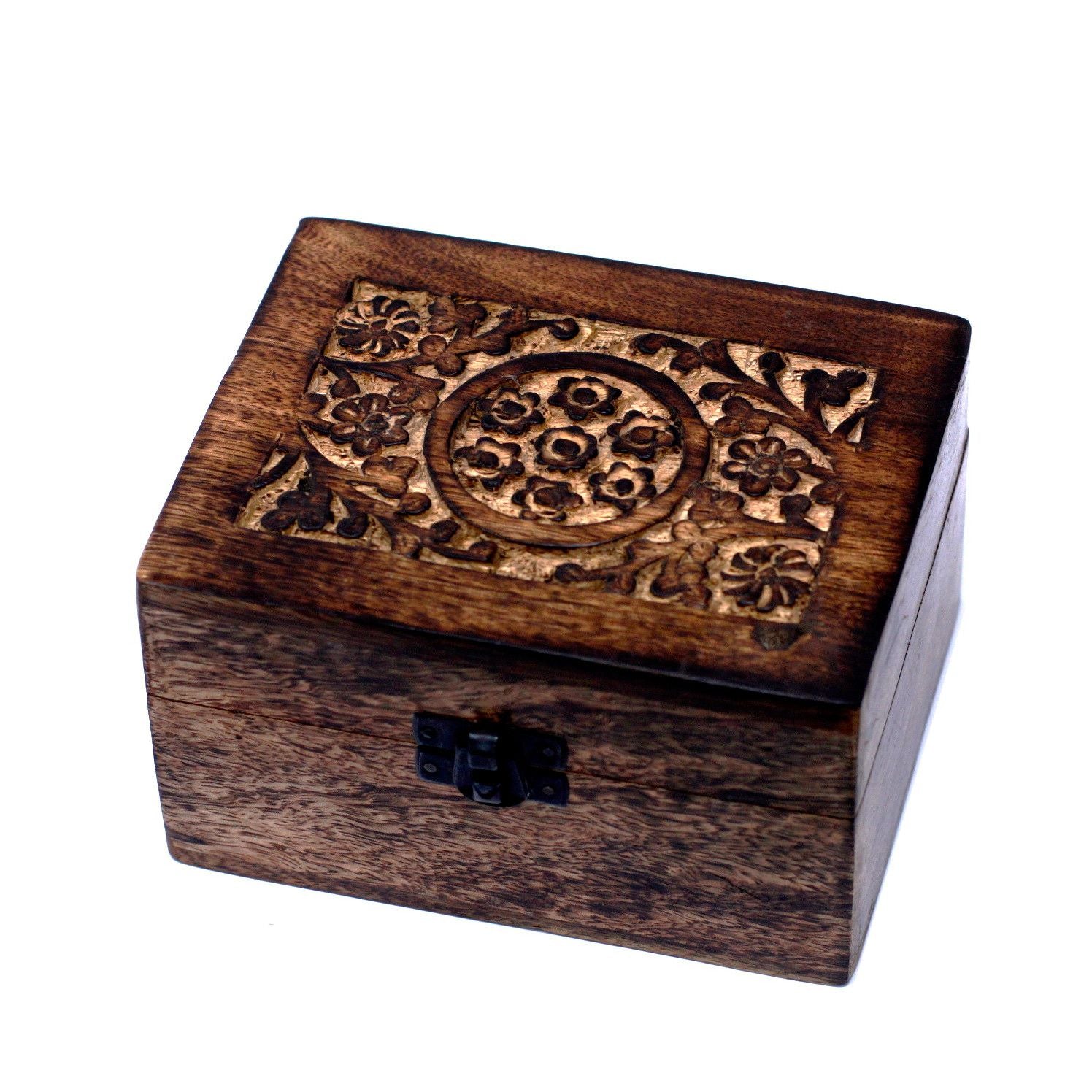 Caja de aromaterapia de mango, rectangular, acabado natural con 12 frascos y detalle floral - facilita orden y serenidad