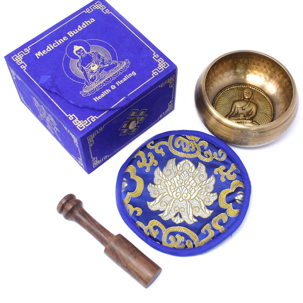 Cuenco tibetano set Medicina Buda, 10 cm de diámetro y 500 g mínimo, pieza circular para meditación - Armonía energética