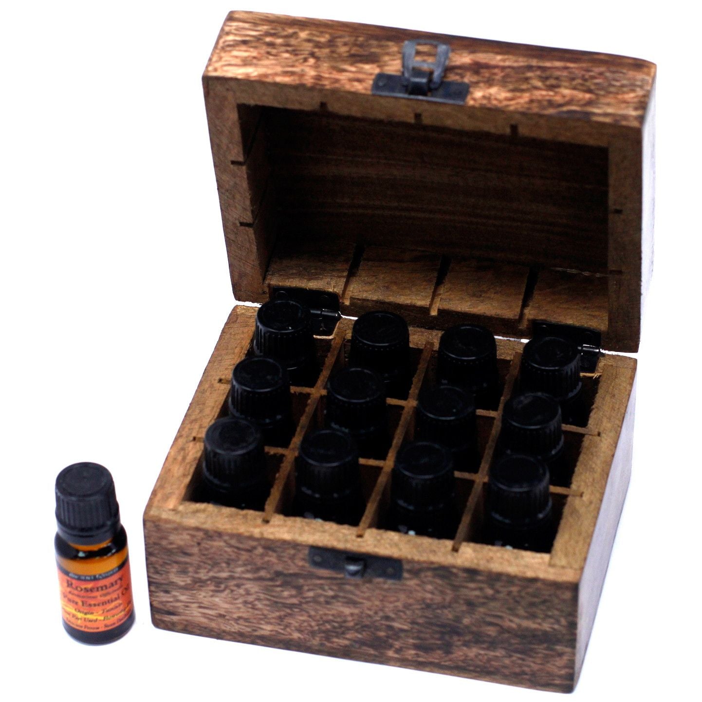 Caja de aromaterapia de mango, rectangular, acabado natural con 12 frascos y detalle floral - facilita orden y serenidad