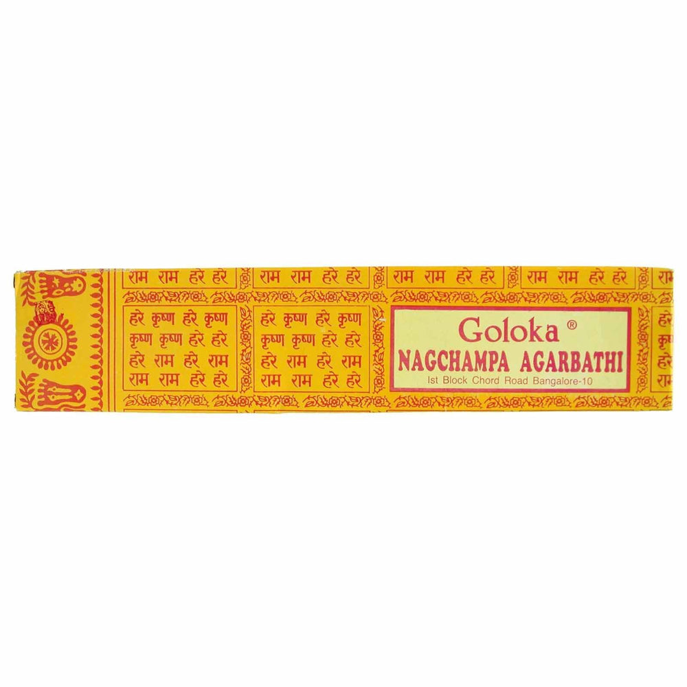 Incienso Goloka Nagchampa 16g, varillas delgadas en presentación simple - favorece un ambiente sereno y equilibrado.