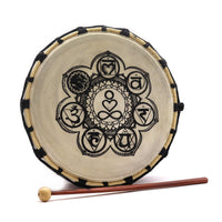 Tambor chamánico Chakra (25 cm) con marco de madera y parche decorado; incluye baqueta. - equilibrio energético