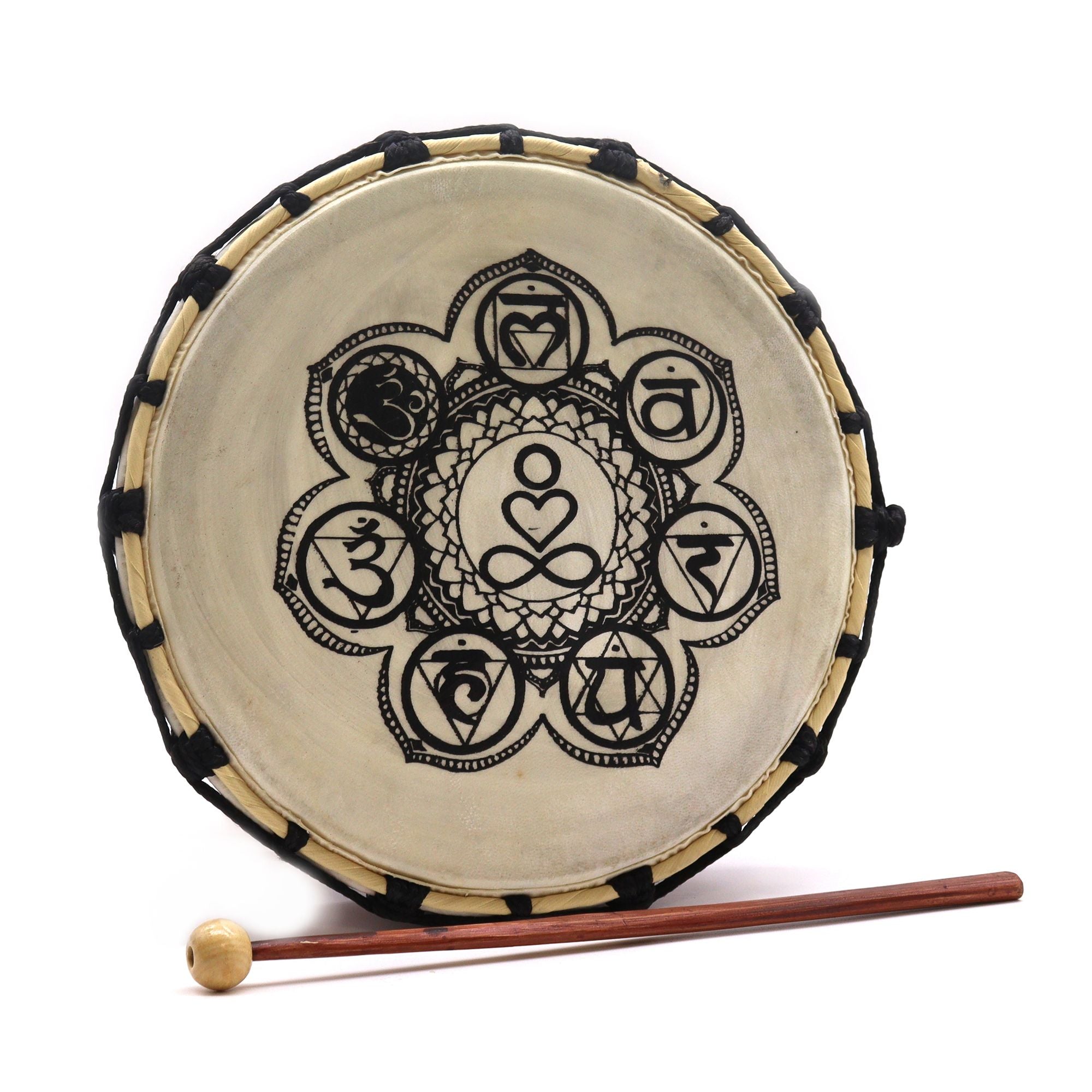 Tambor chamánico Chakra (25 cm) con marco de madera y parche decorado; incluye baqueta. - equilibrio energético