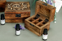 Caja de aromaterapia de mango, rectangular, acabado natural con 12 frascos y detalle floral - facilita orden y serenidad