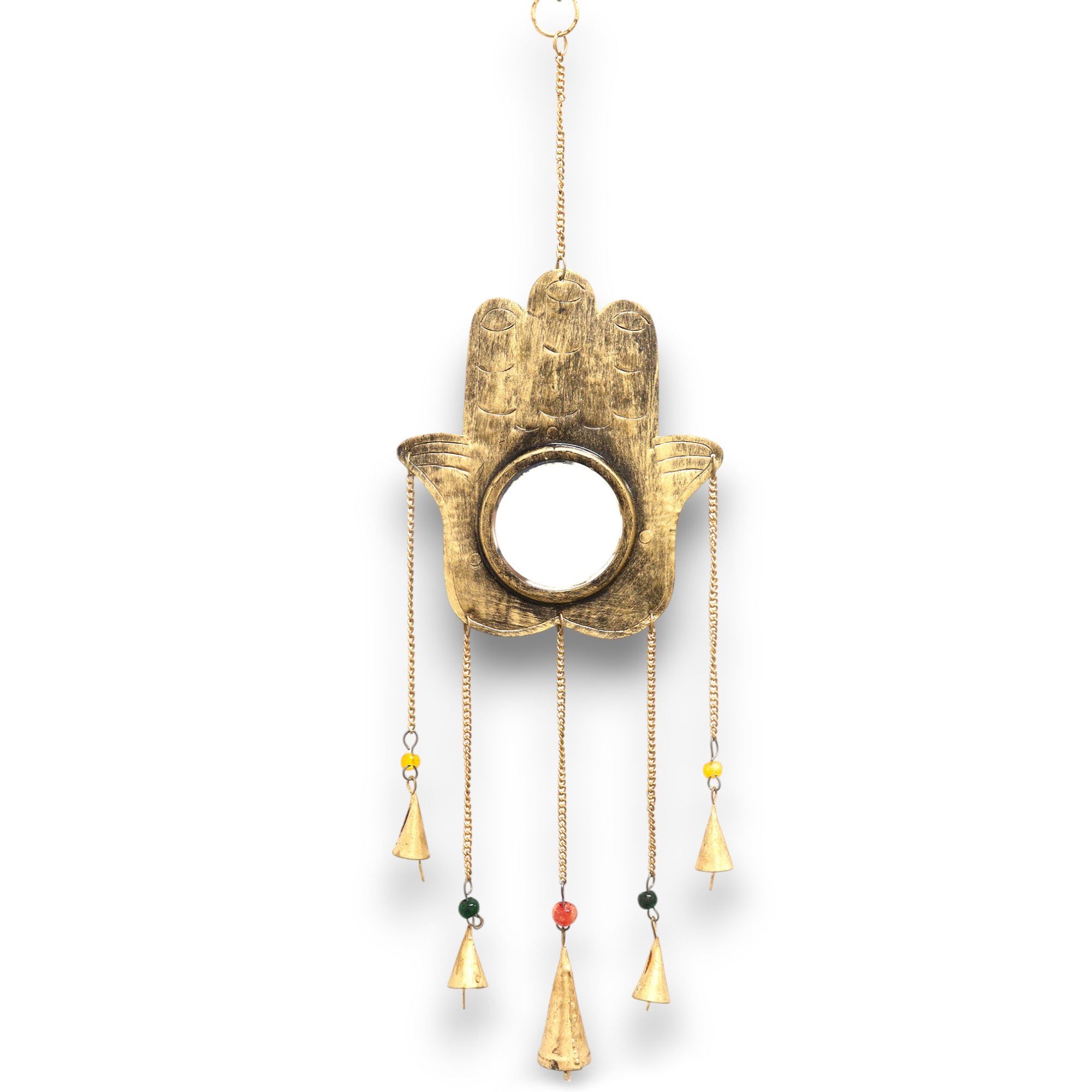 Hamsa colgante con espejo y cinco campanas, metal dorado antiguo, 19×65 cm - protección y armonía
