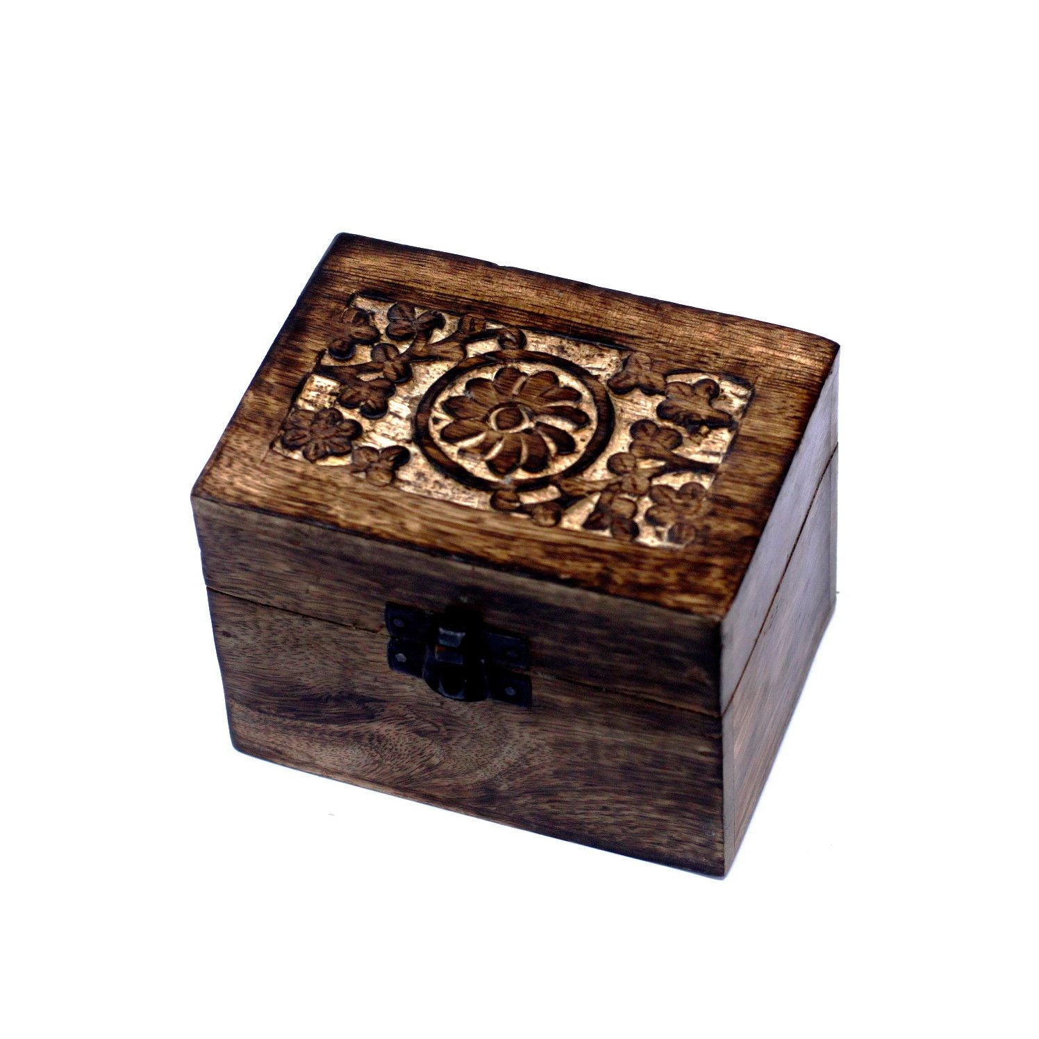 Caja de aromaterapia de mango, rectangular, tono natural, tapa floral, 6 huecos - orden y acceso rápido a aceites