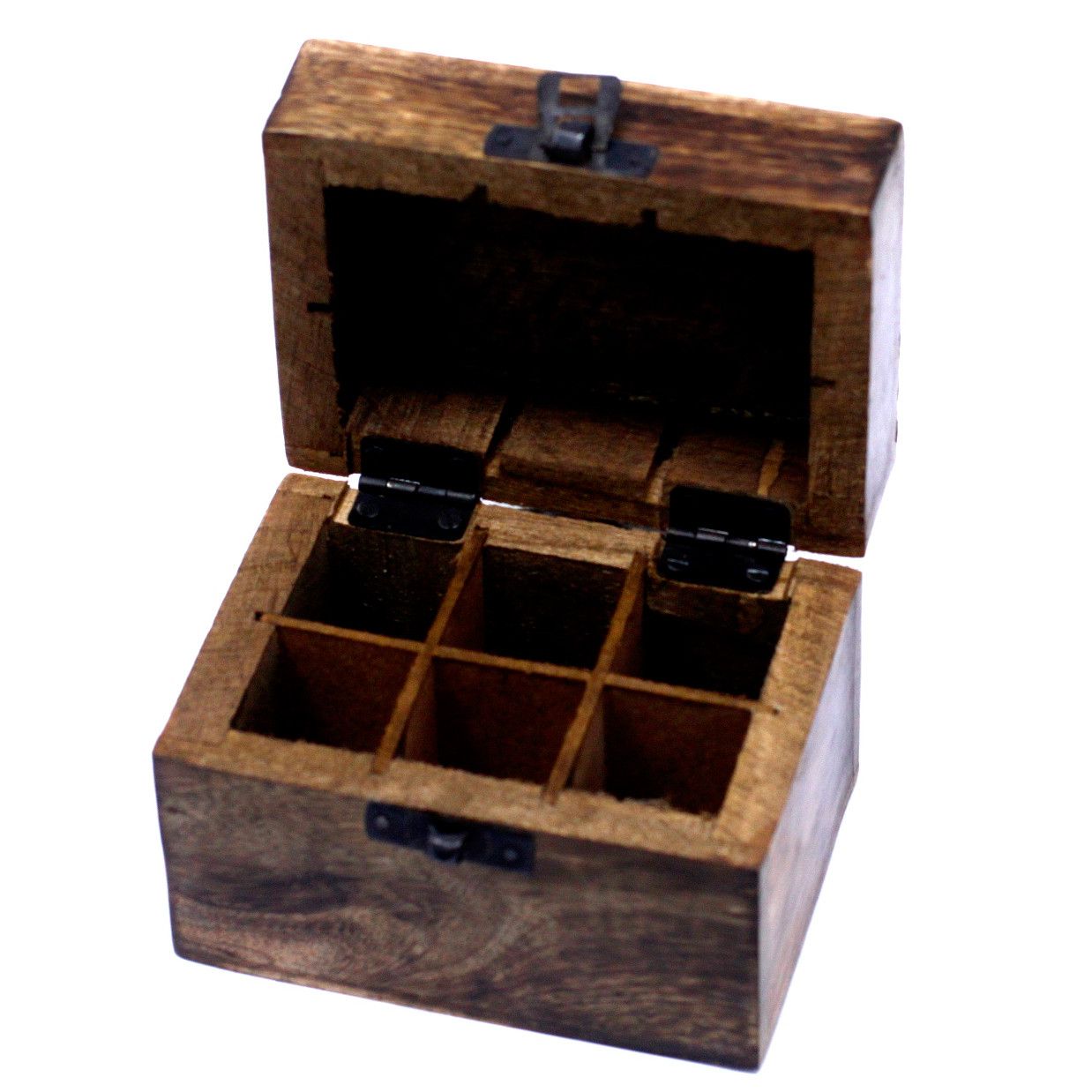 Caja de aromaterapia de mango, rectangular, tono natural, tapa floral, 6 huecos - orden y acceso rápido a aceites