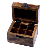 Caja de aromaterapia de mango, rectangular, tono natural, tapa floral, 6 huecos - orden y acceso rápido a aceites