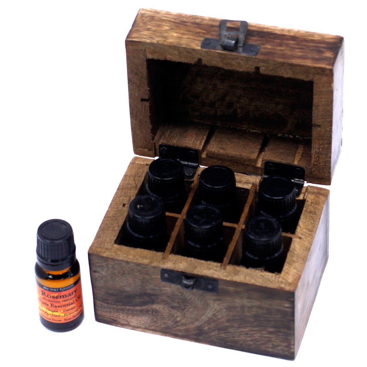 Caja de aromaterapia de mango, rectangular, tono natural, tapa floral, 6 huecos - orden y acceso rápido a aceites