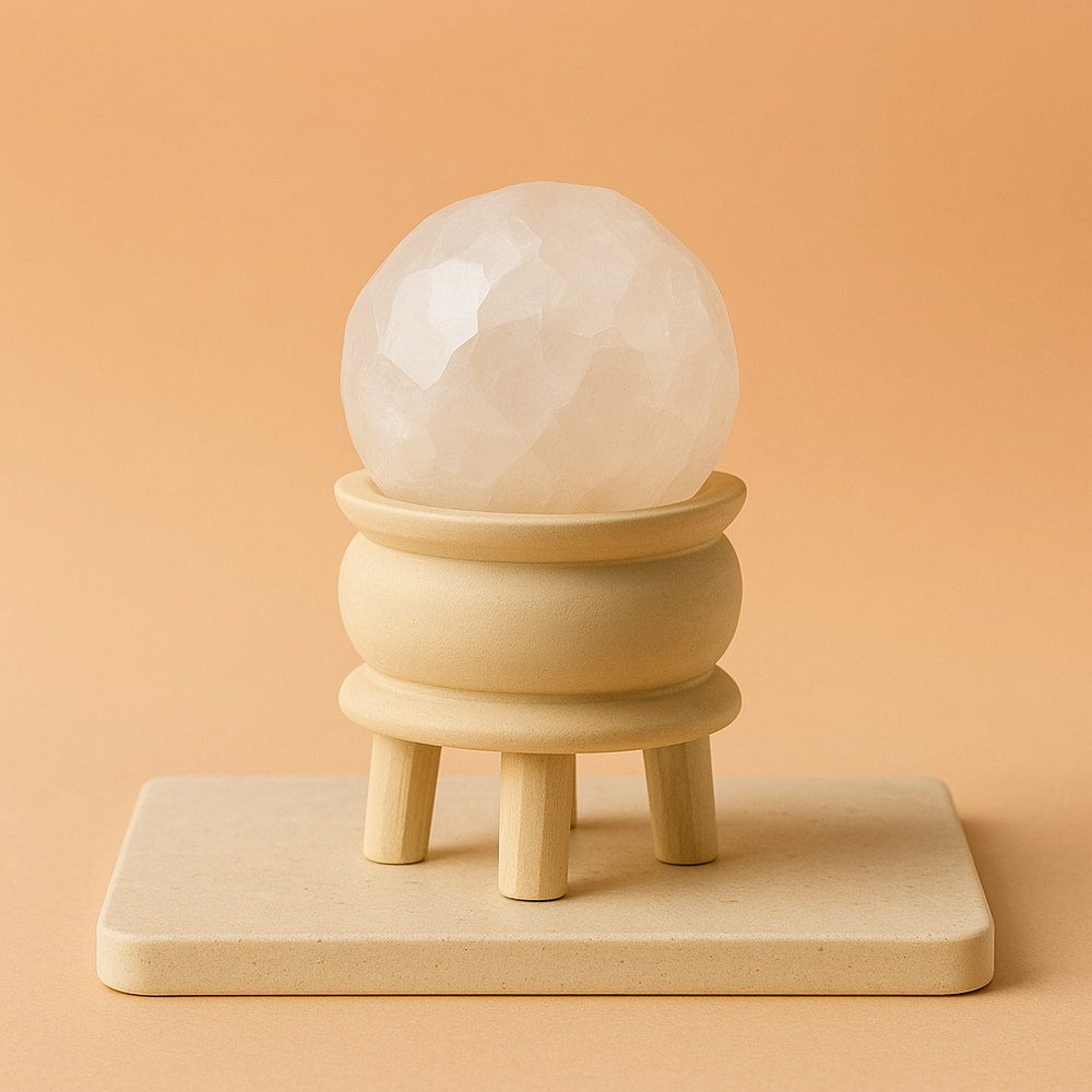 Bola de Cuarzo Blanco con Soporte de Madera, esfera 4–5 cm sobre base 2 cm, 200 g - aporta claridad y serenidad