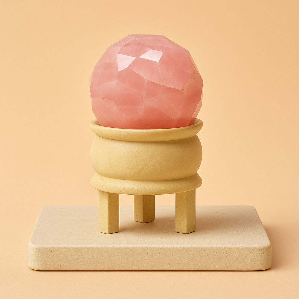 Bola de Cuarzo Rosa con soporte de madera, esfera pulida 4–5 cm y color rosado suave - sanación emocional y armonía