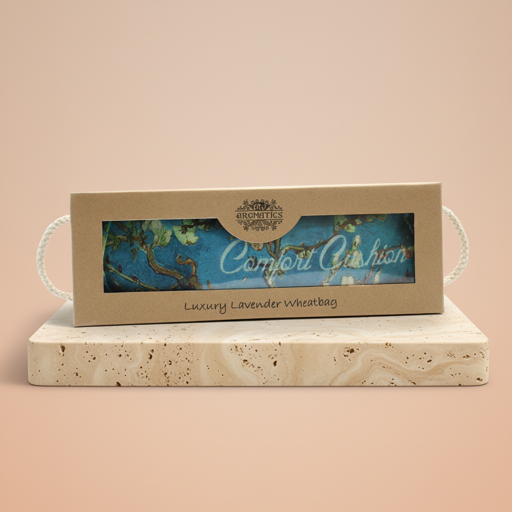 Bolsa de trigo en caja de regalo: tela con lavanda, asas de cuerda que sobresalen - calor terapéutico y relajación.