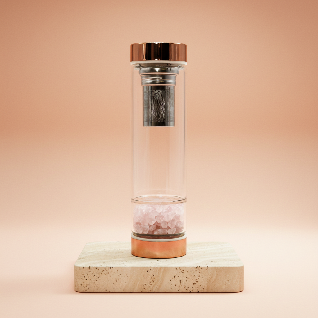 Botella de cristal para té con infusor y base de cuarzo rosa, acabado oro rosado, 500 ml - hidrata, calma y amor propio