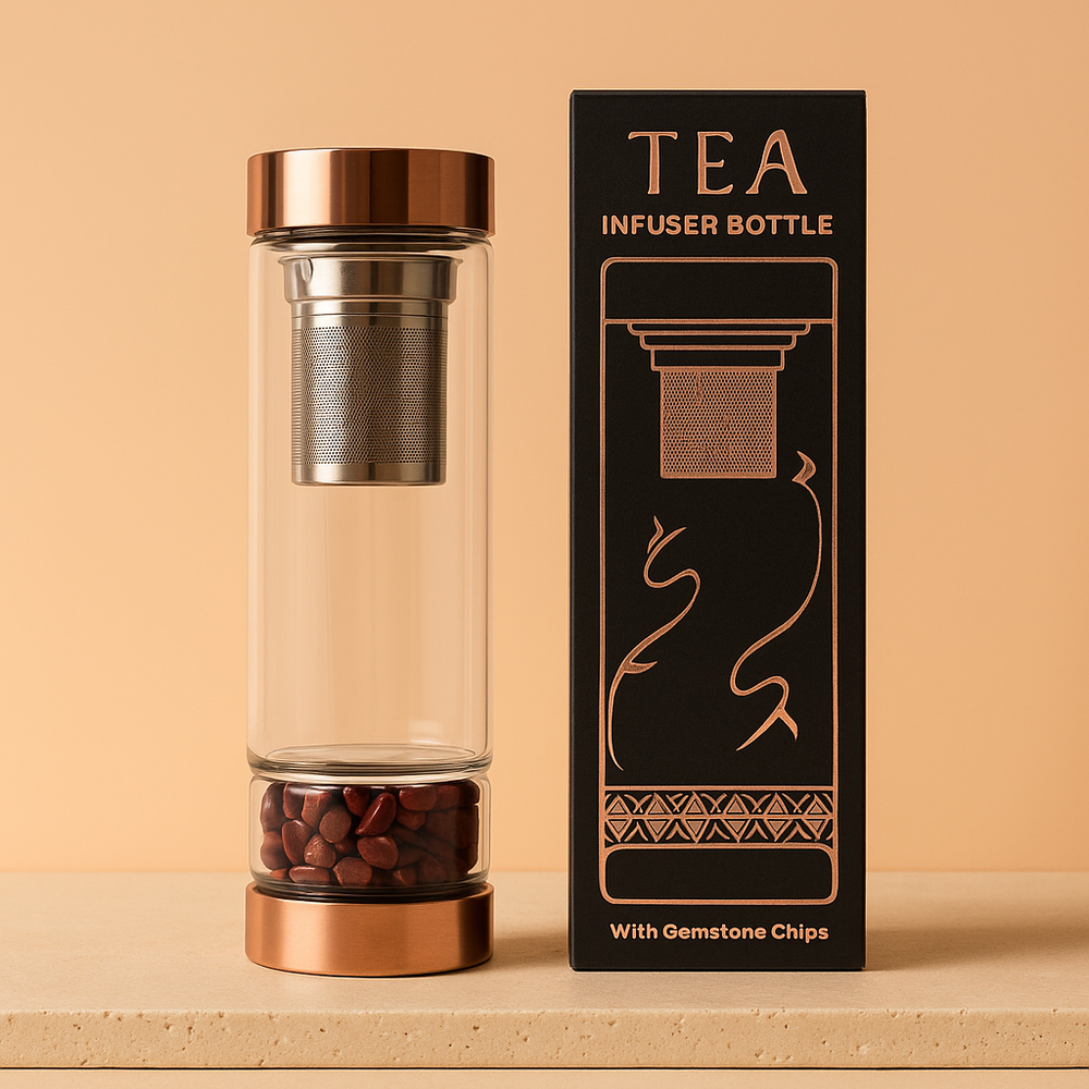 Botella de cristal borosilicato 500 ml con tapa oro rosa, infusor extraíble y jaspe rojo en la base - calma y energía
