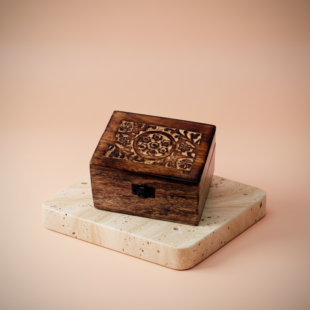 Caja de aromaterapia de mango, rectangular, acabado natural con 12 frascos y detalle floral - facilita orden y serenidad