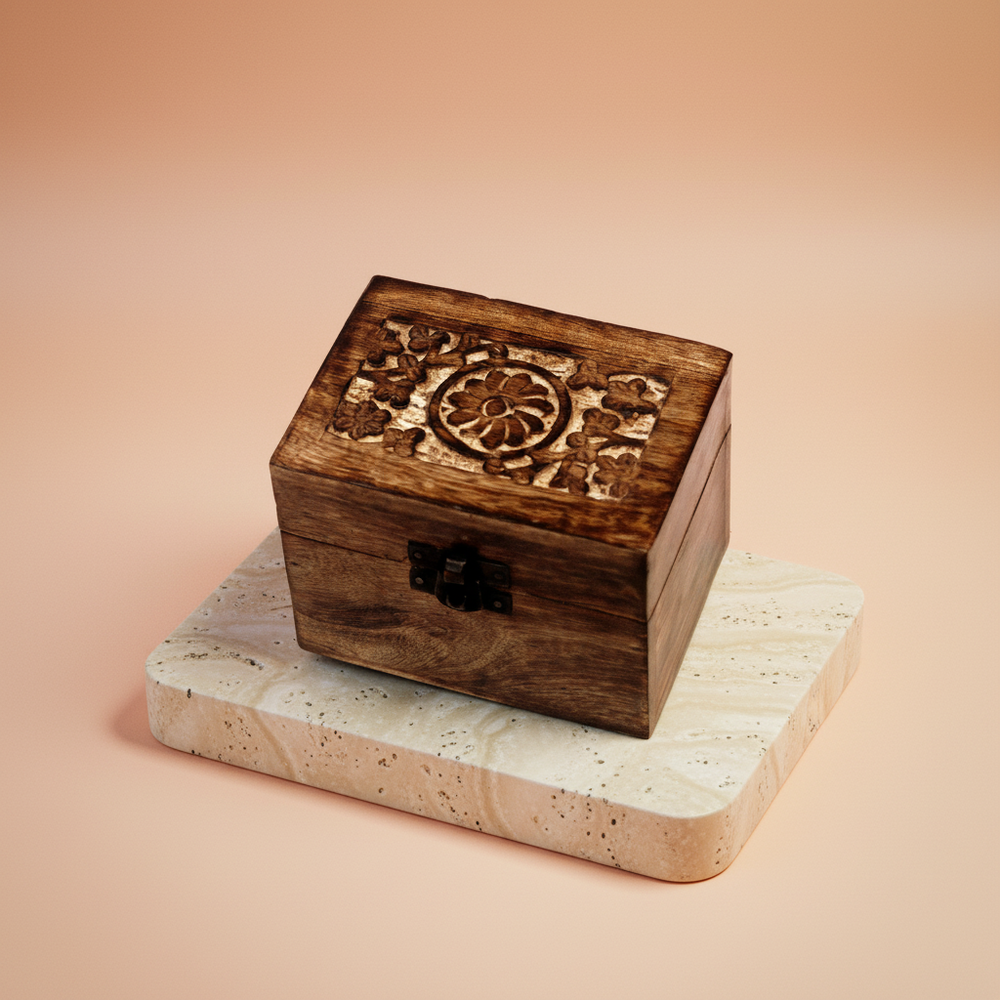 Caja de aromaterapia de mango, rectangular, tono natural, tapa floral, 6 huecos - orden y acceso rápido a aceites