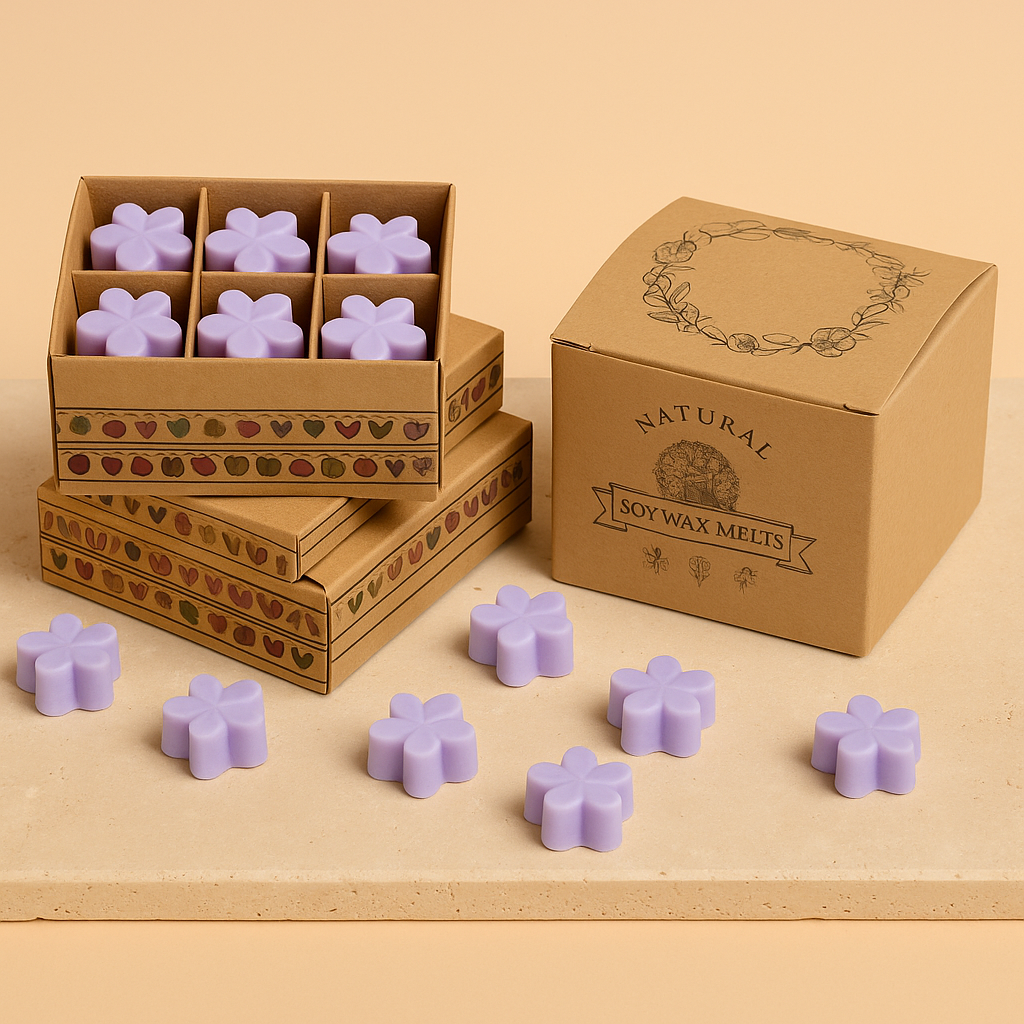 Ceras de soja en caja regalo con aroma a lavanda; 6 piezas de 4x4 cm y 15 g - ideal para un ambiente relajante
