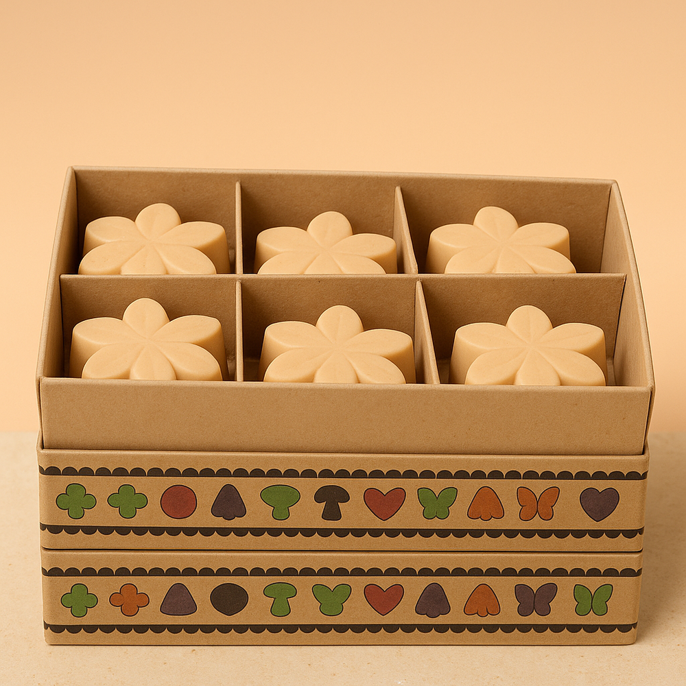 Cera de soja: Caja regalo con 6 piezas fundidas, diámetro 4 cm y 4 cm de alto, 15 g, fragancia jazmín - ambiente relajante