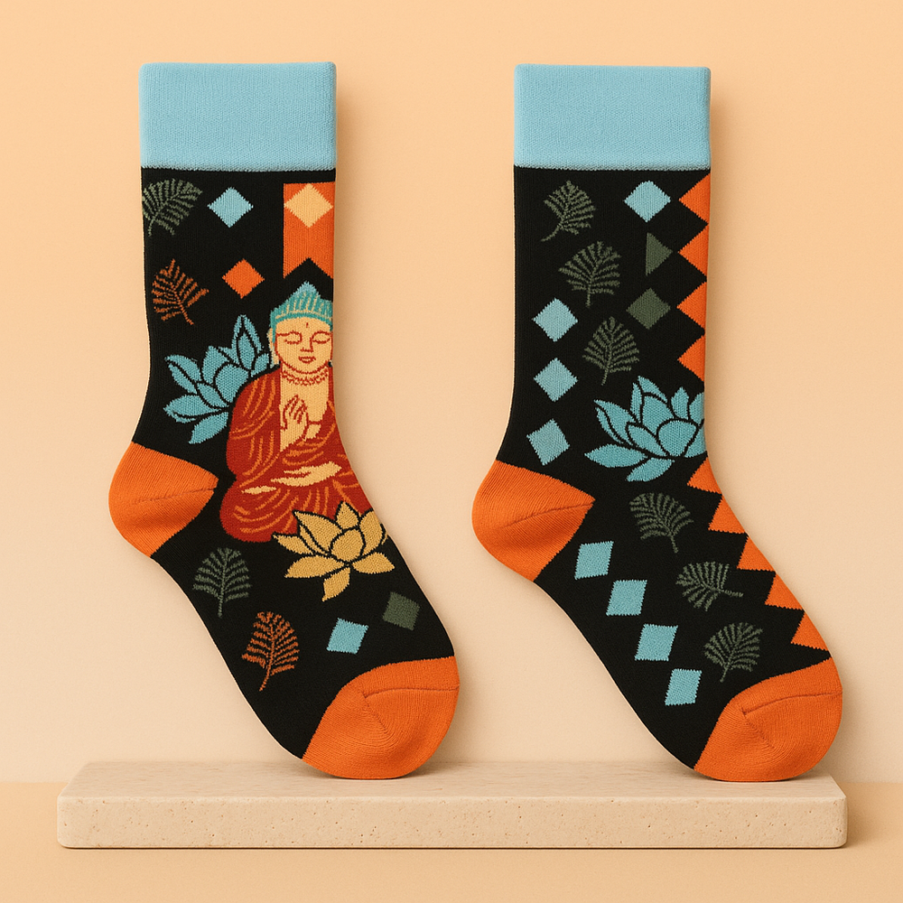 Calcetines de bambú suaves con diseño Buda y flor loto, talla 36-40 EU, colores - comodidad y serenidad en cada paso