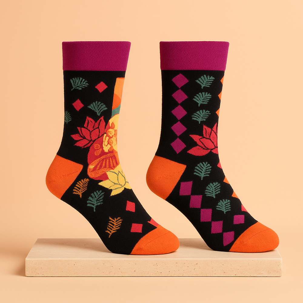 Calcetines de bambú Hop Hare (S/M): Buda rosa y loto en rosa y verde, bambú orgánico, transpirables - equilibrio y calma
