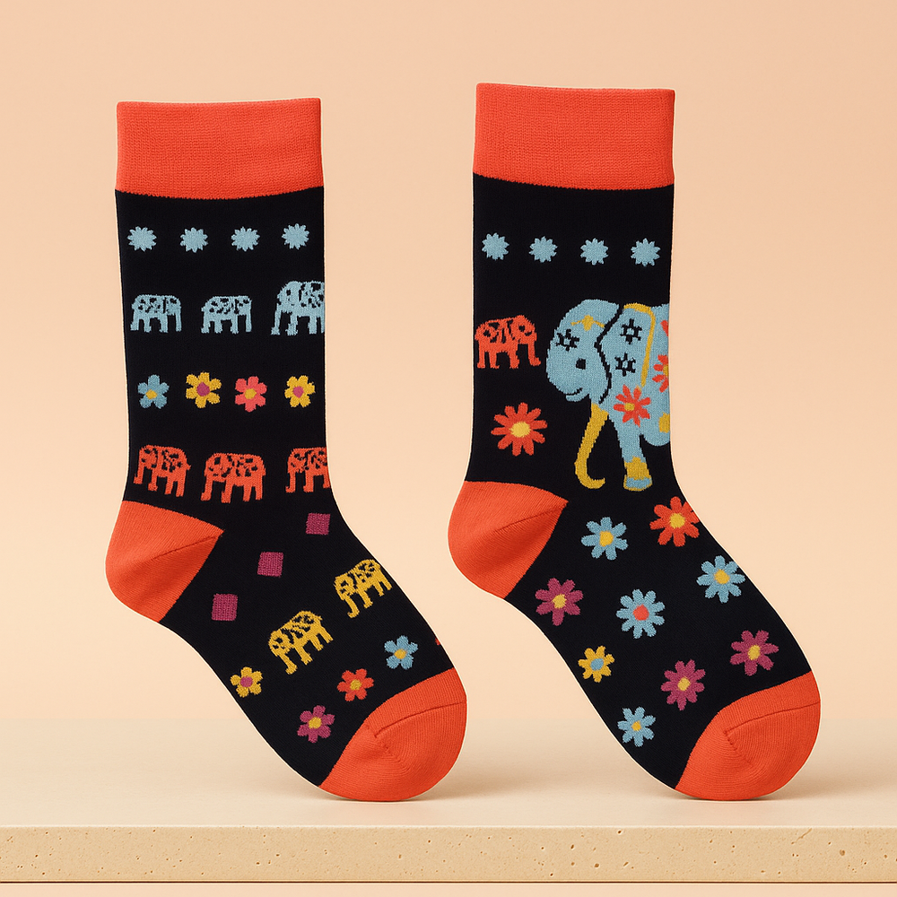 Calcetines de bambú con elefante de la suerte y flores; colores vivos, talla EU 41-46; suaves y transpirables - amor