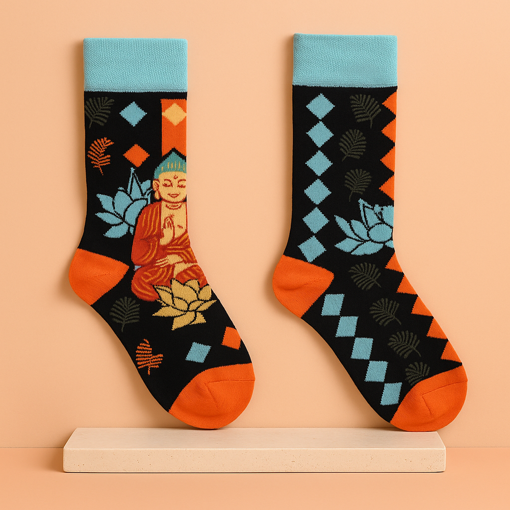 Calcetines Hop Hare: caña media, unisex, talla 41-46, bambú orgánico, Buda Azul y Loto - equilibrio y calma en cada paso