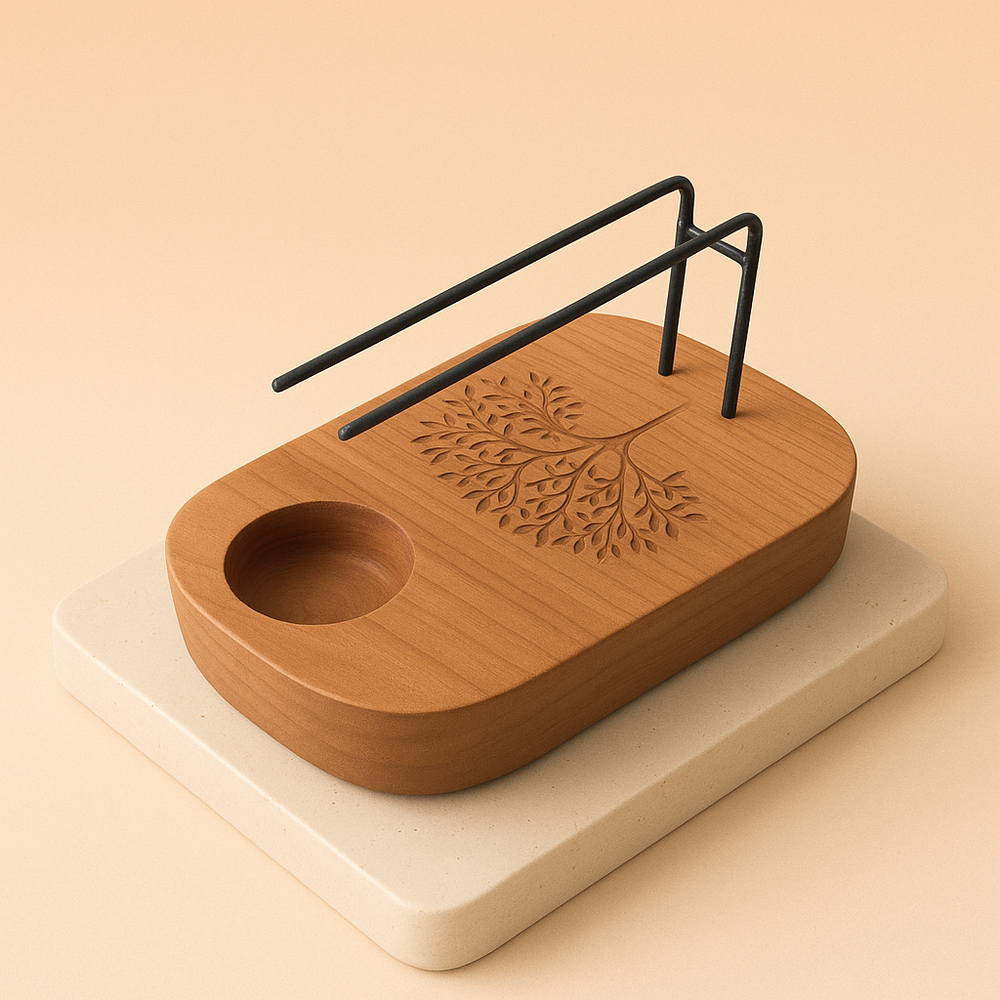 Calentador Palo Santo en teca, diseño Árbol de la Vida, cavidad para quemar, 10x3 cm, color natural - limpieza energética