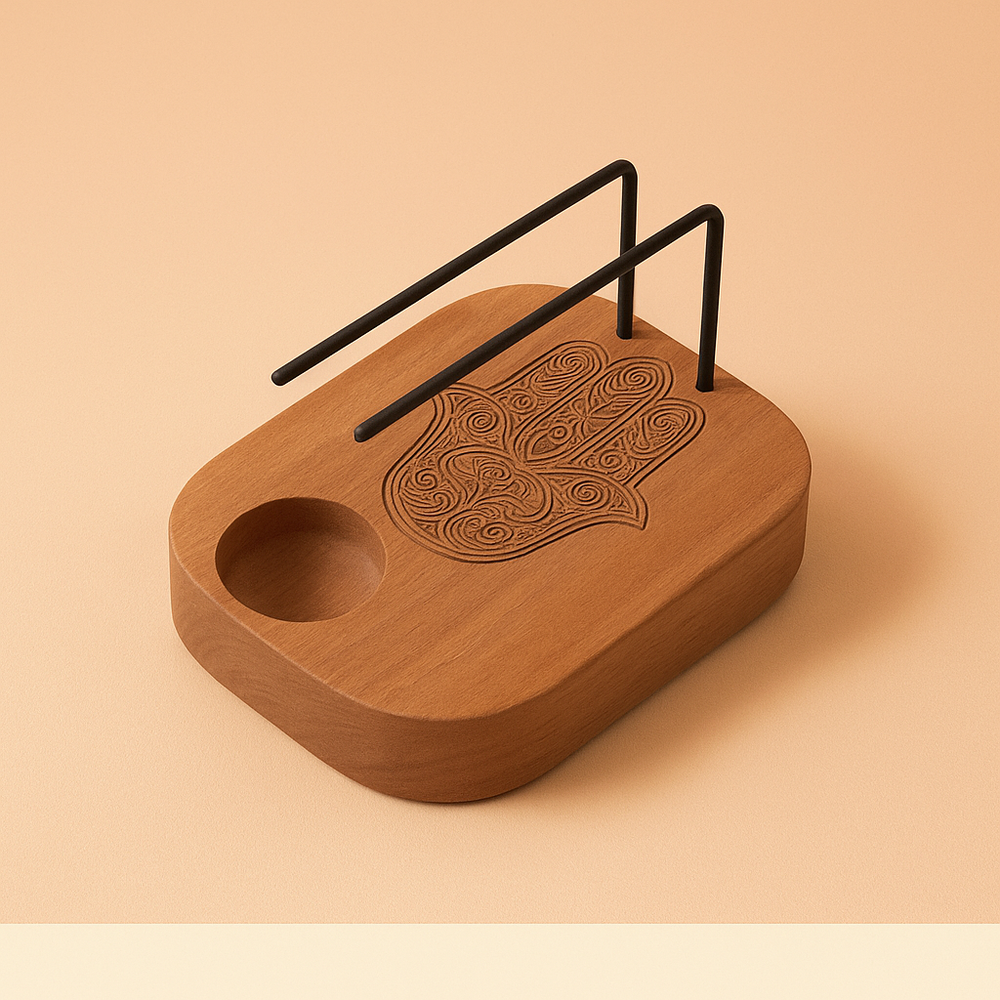 Calentador Palo Santo de teca con Hamsa, soporte para incienso con cavidad, acabado natural — protege y purifica el espacio