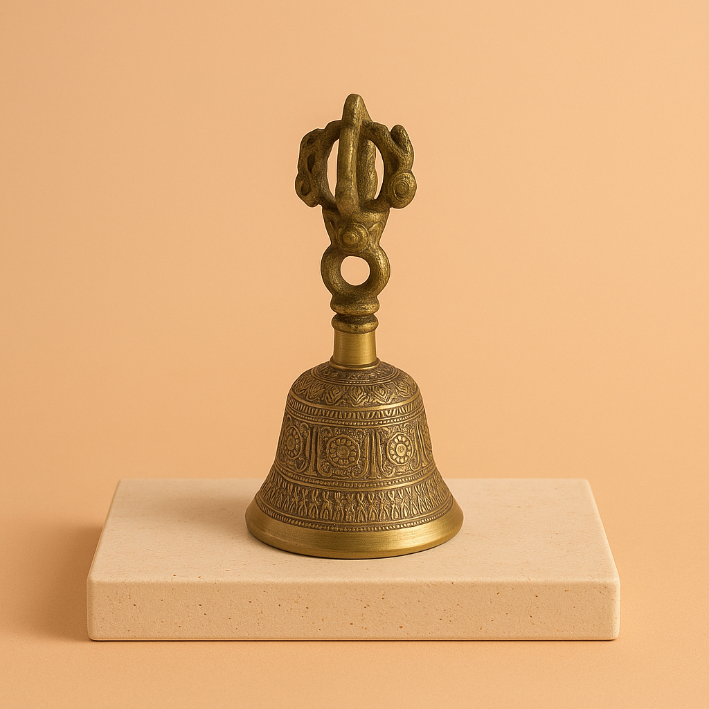 Campana de altar en latón macizo, Triquetra grabada sobre el mango, altura 10,2 cm y base 5 cm - protección y armonía