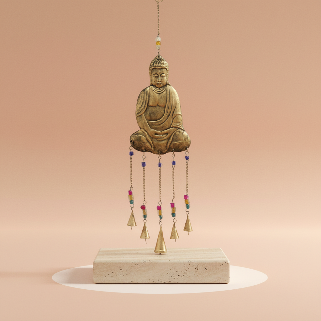 Campanas indias, cinco piezas grandes, forma cónica, estilo oriental, acabado metálico para meditaciones - calma y enfoque.