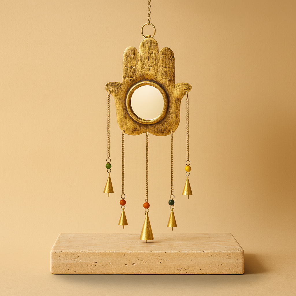 Hamsa colgante con espejo y cinco campanas, metal dorado antiguo, 19×65 cm - protección y armonía