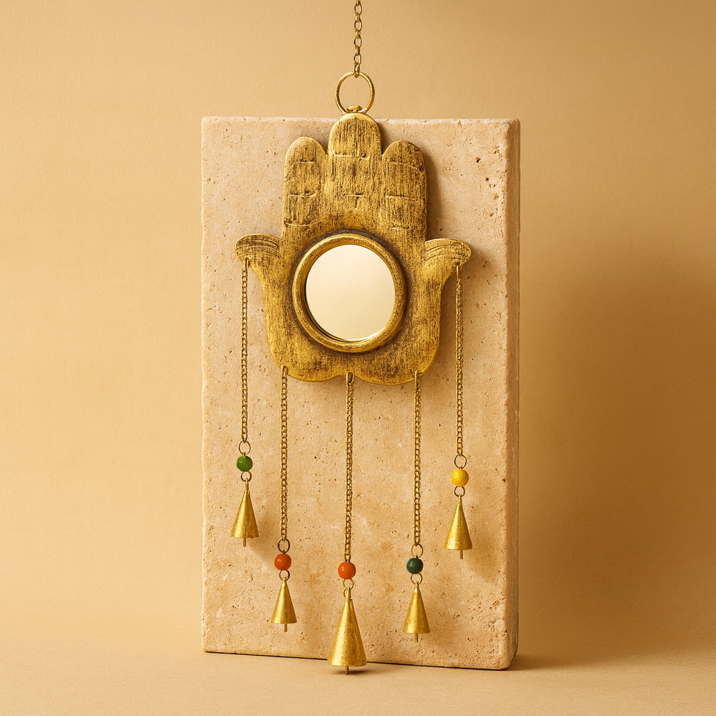 Hamsa colgante con espejo y cinco campanas, metal dorado antiguo, 19×65 cm - protección y armonía