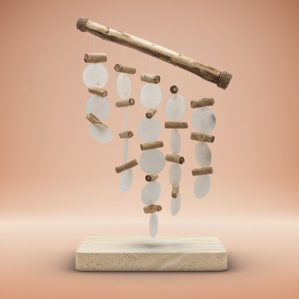 Carillón de madera flotante - Perla, campanillas en tono natural y acabado perlado, armonía y decoración zen - bienestar