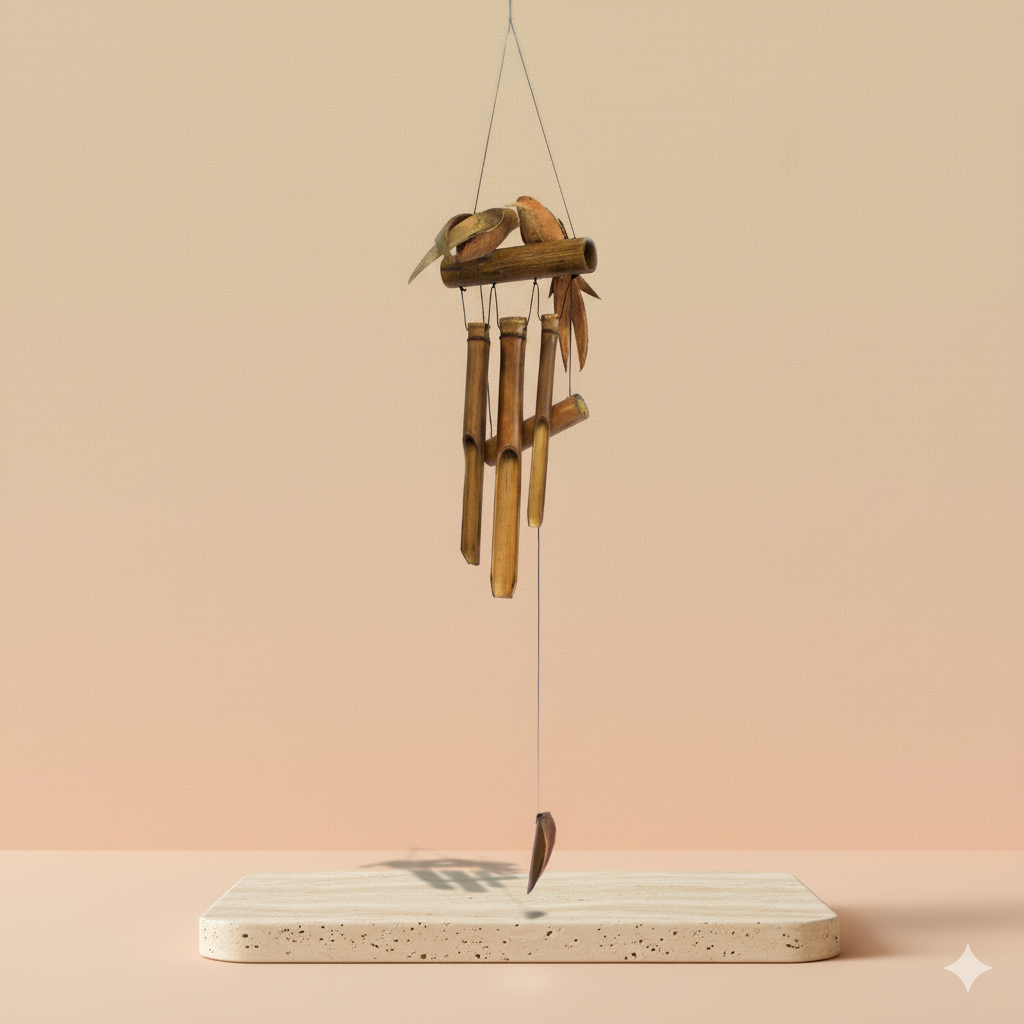 Carrillón de viento de bambú con pájaros gemelos en travertino, tubos naturales y acabado cálido - ofrece armonía sonora y bienestar 
