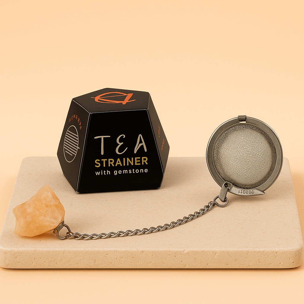 Colador de té con acero SUS304 y Cornalina cruda en cadena; malla y piedra naranja, pieza única - infusión con energía