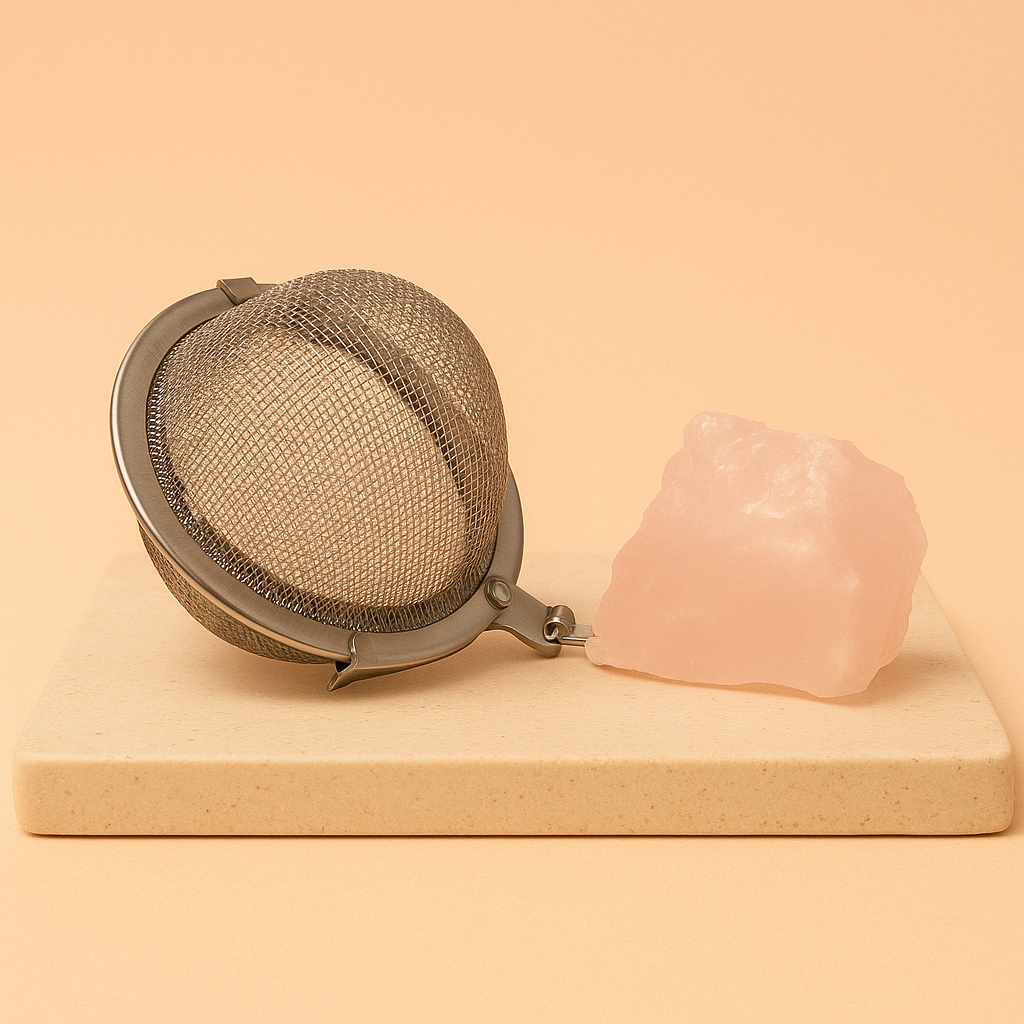 Infusor de té con cuarzo rosa natural, cristal en bruto, malla de acero inoxidable y diseño compacto de 18 cm - amor