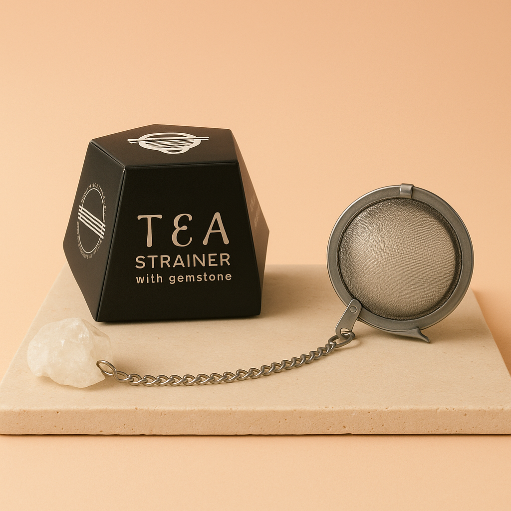 Colador de té con cuarzo de roca crudo, acero inoxidable SUS304, malla con cadena y piedra natural - claridad y energía