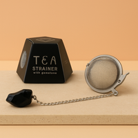 Colador de té con obsidiana negra, malla de acero SUS304 con cadena; piedra natural – protección y enraizamiento.