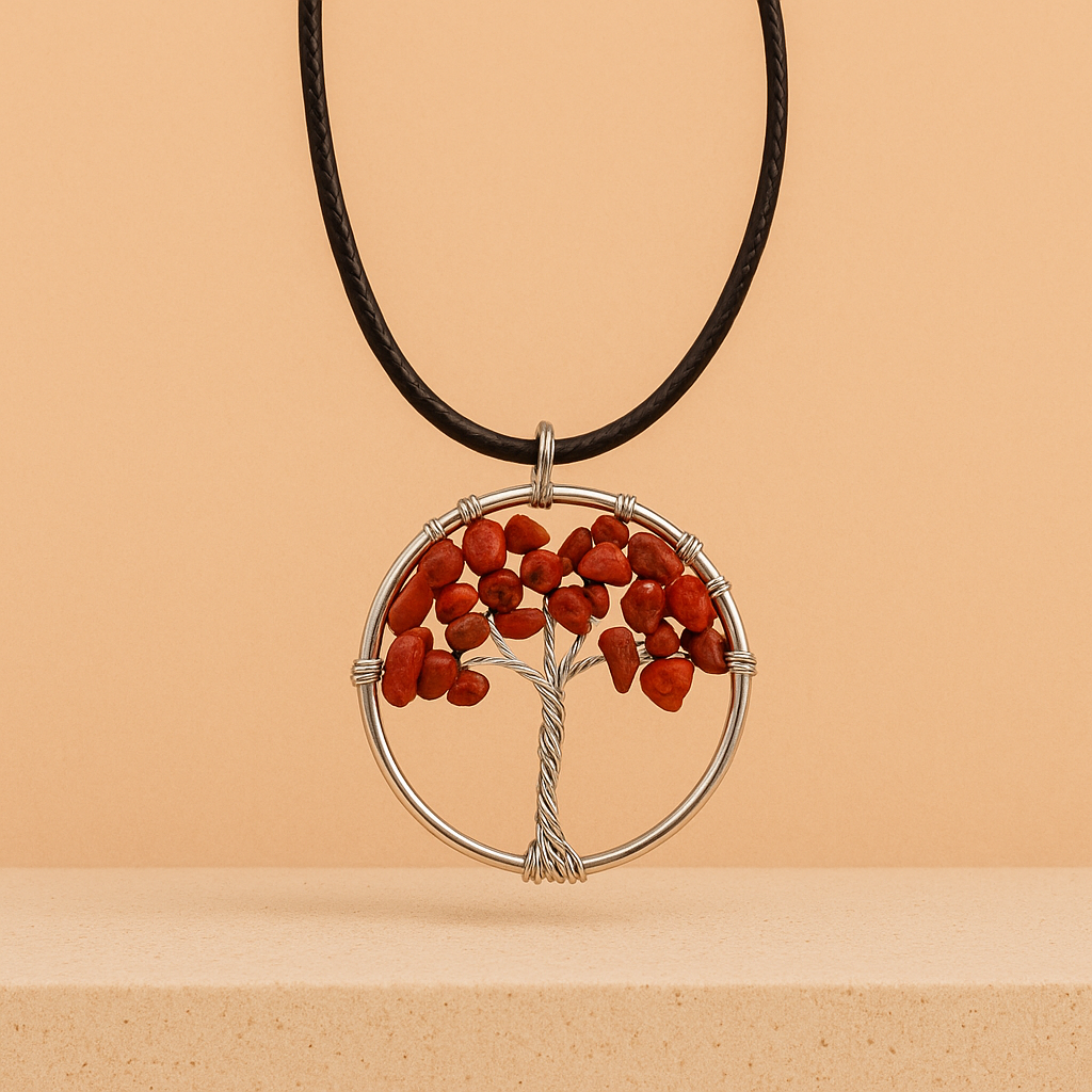 Colgante Árbol de la Vida - Jaspe Rojo: pieza en metal dentro de un círculo, hojas de chips rojos - enraizamiento