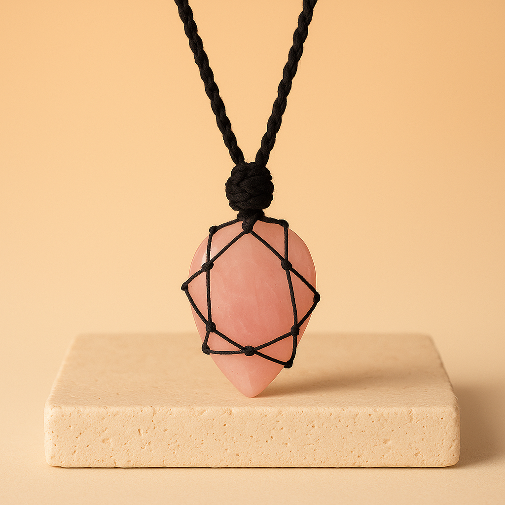 Colgante Lágrima de Cuarzo Rosa, cuarzo rosa pulido en lágrima con cordón negro ajustable; diseño artesanal - calma y amor